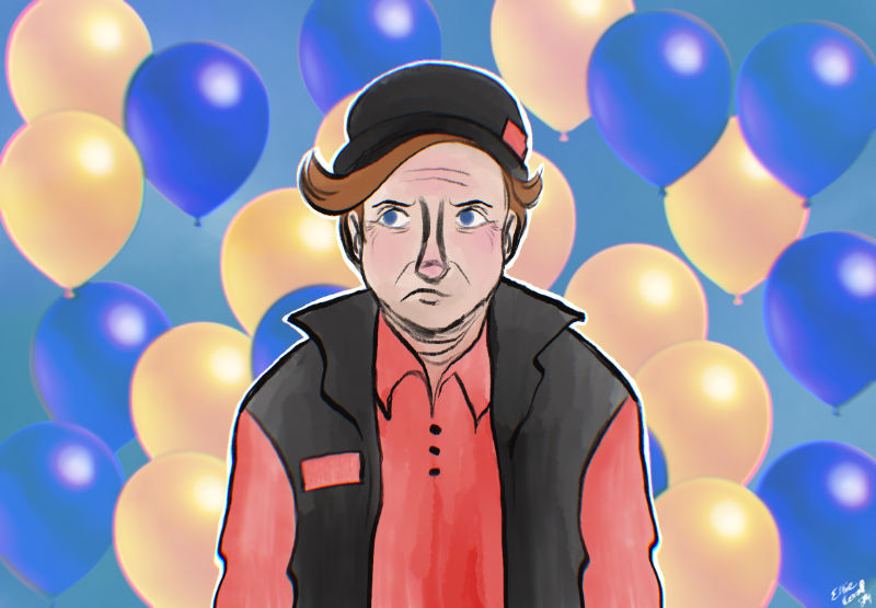 A cartoon depiction of Conan O'Brien dressed as a delivery man, glowering against a background of cheerful blue and gold balloons.