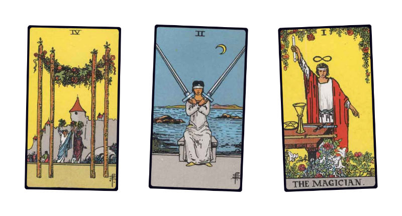 A tarot spread with Four of Wands, Two of Swords, and The Magician.