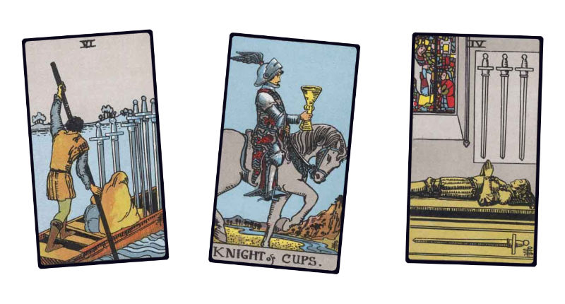 A tarot spread featuring Six of Swords, Knight of Cups, and Four of Swords.