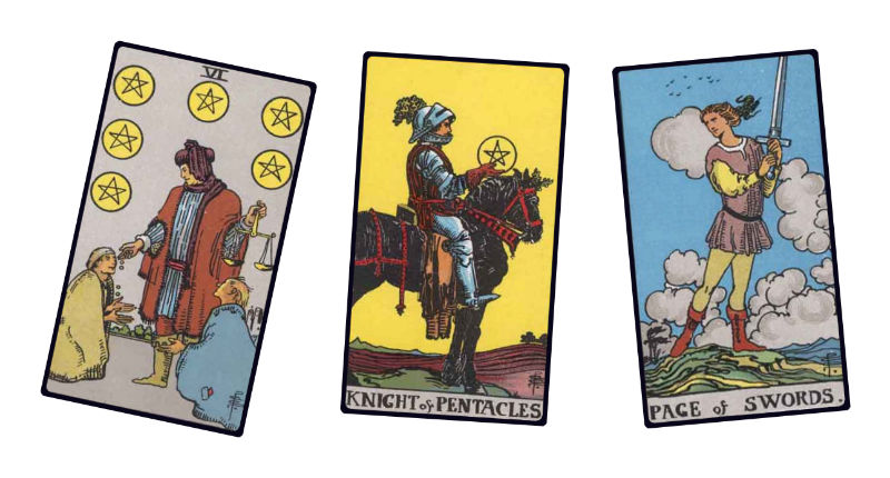 A tarot spread featuring Six of Pentacles, Knight of Pentacles, and Page of Swords.