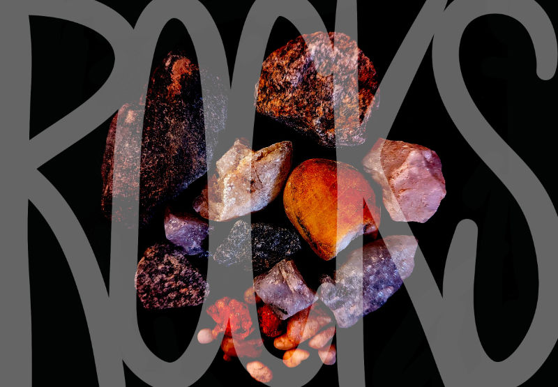 A header image with a cluster of reddish and purple rocks in the center and the word ROCKS superimposed over them.