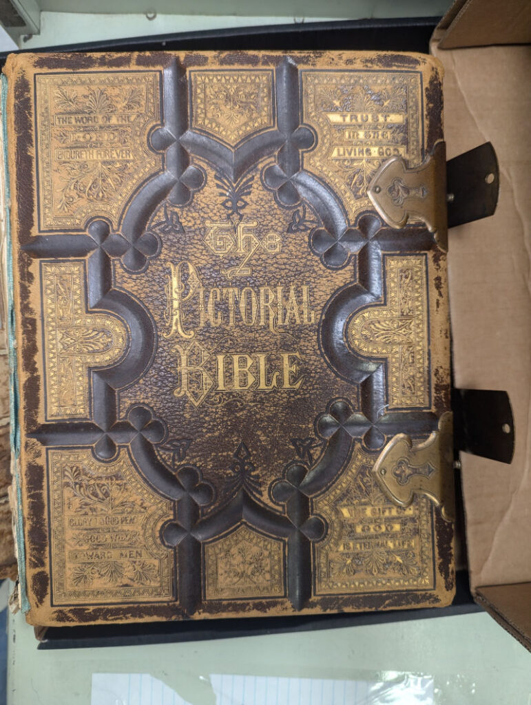 The Pictorial Bible, a thick, hardcover tome that looks as if it were gilded at one point, embossed with designs that look more like metal than leather.