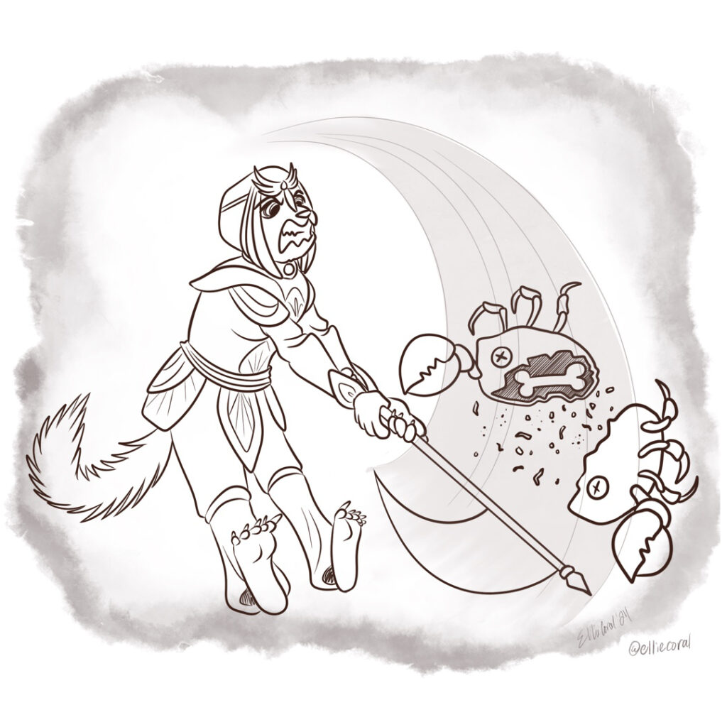 A digital sketch of a female khajiit in armor slashing a mudcrab in half with a massive two-handed weapon; she looks cartoonishly enraged. The mudcrab halves fly into the air, showing a single bone inside the shell.