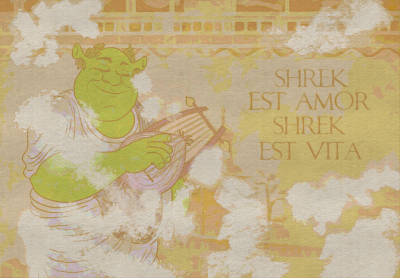 A ruined Roman fresco depiction of Shrek in a toga playing an onion lyre. To the right is the text, Shrek est amor, Shrek est vita.