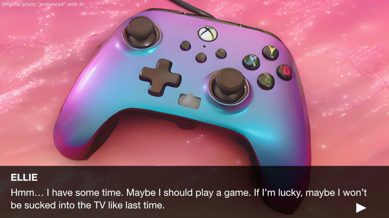 An iridescent Xbox controller enhanced with AI to look like a visual novel illustration. The dialogue box reads, ELLIE: Hmm... I have some time. Maybe I should play a game. If I'm lucky, maybe I won't get sucked into the TV like last time.