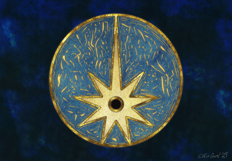 A round sigil against a cloudy, dark blue backdrop. A nine pointed star, with its topmost point elongated, sits in the middle of a sandy blue sphere. In the center of the star is a black circle representing a void. Surrounding the star are random golden dots and scratches.