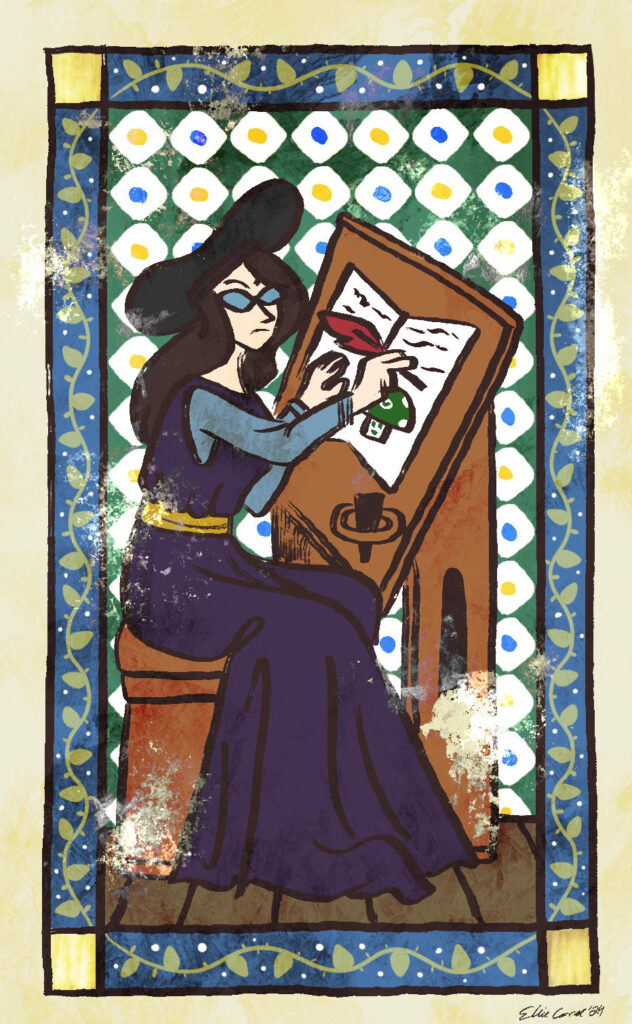 A medieval-style illustration of Ellie wearing a black floppy hat, a purple dress, blue sleeves; she sits at a lopsided desk, writing a manuscript with a Vineshroom.