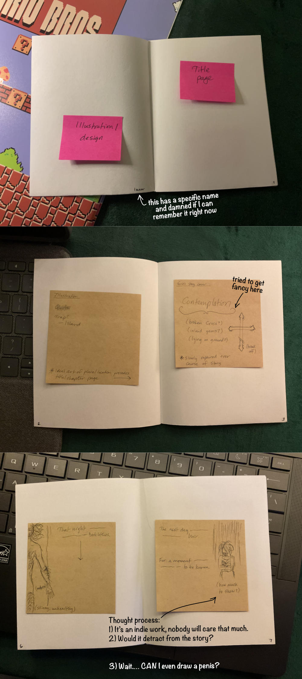 Three photos of small booklets with various sticky notes arranged on the pages, showing work in progress.