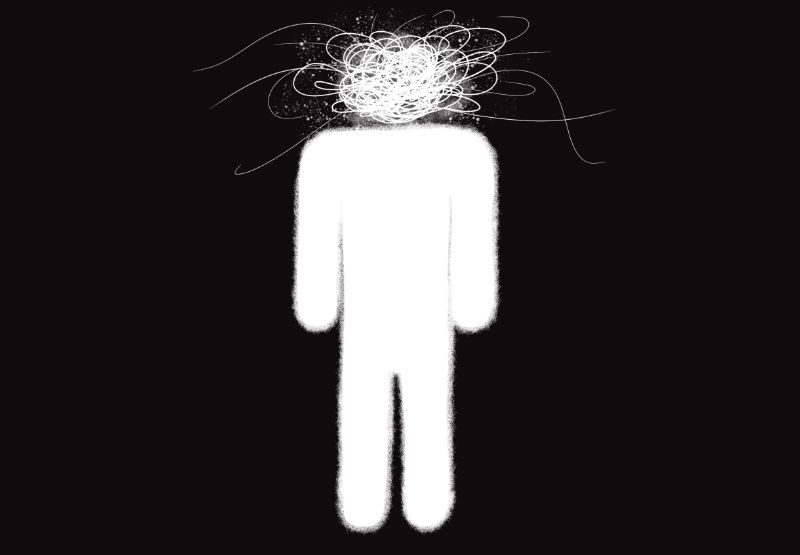 A stylized pictogram of a man with his head a big knot of string, speckles, and hatchmarks.