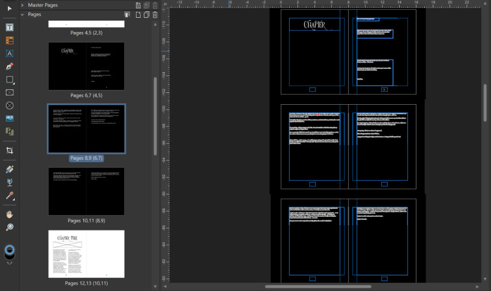 A screenshot of Affinity Publisher. On the left is a sidebar featuring double-page spreads, and on the right is the workspace.