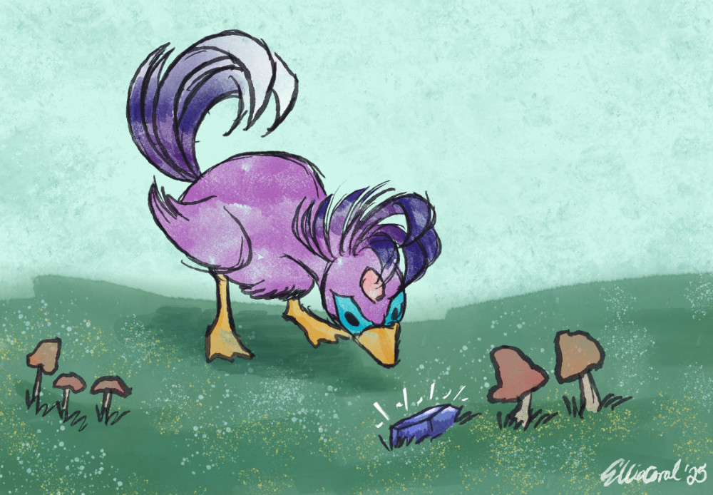 A female duck with purple and magenta feathers. Feathers on her head resemble a stylish mohawk. She stares at a gem, surrounded by mushrooms.