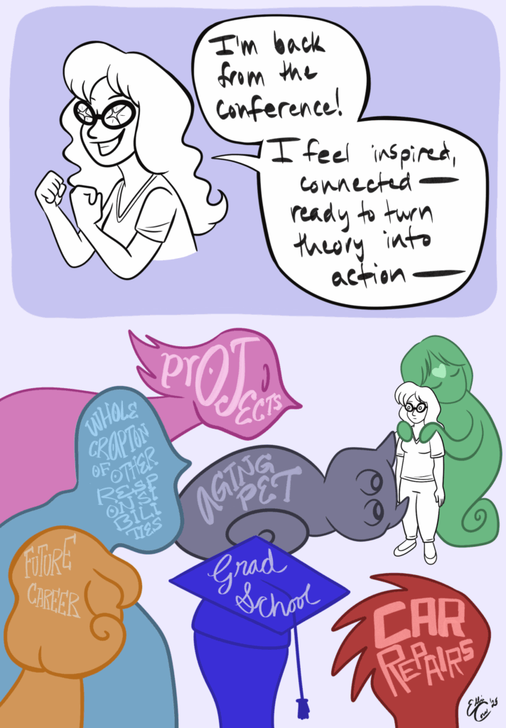 Panel 1 - Ellie pumps her fists. She has stars in her eyes. She says, I'm back from the conference! I feel inspired, connected--ready to turn theory into action-- Panel 2 - Ellie stands in awe or fear of several entities embodying the traits of all her waiting responsibilities: a dusty purple cat-like being labeled Aging Pet; a pink Projects with spiky back hair; a steel blue large male humanoid labeled Whole Crapton of Other Responsibilities; an orange Future Career with curly hair; a Grad School dark blue entity; a dark read Car Repairs entity; and a green entity with curtain bangs and a heart on his forehead hugging her shoulders from behind.