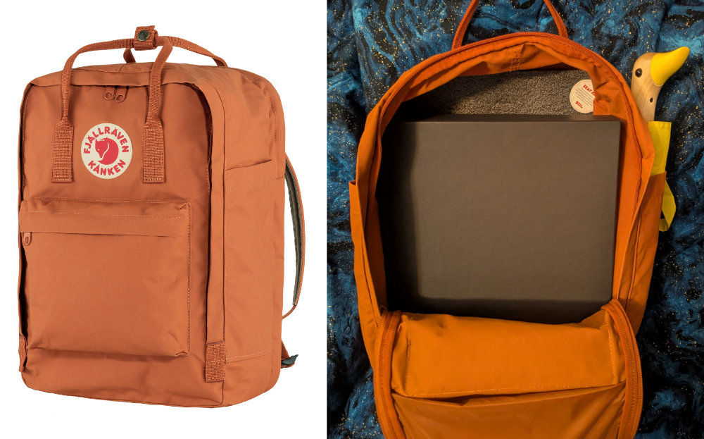 A composite of two photos. On the left is an orange Fjallraven Kanken backpack. On the right is a photo of the same backpack, opened, containing a black game box and my yellow Duckhead umbrella.