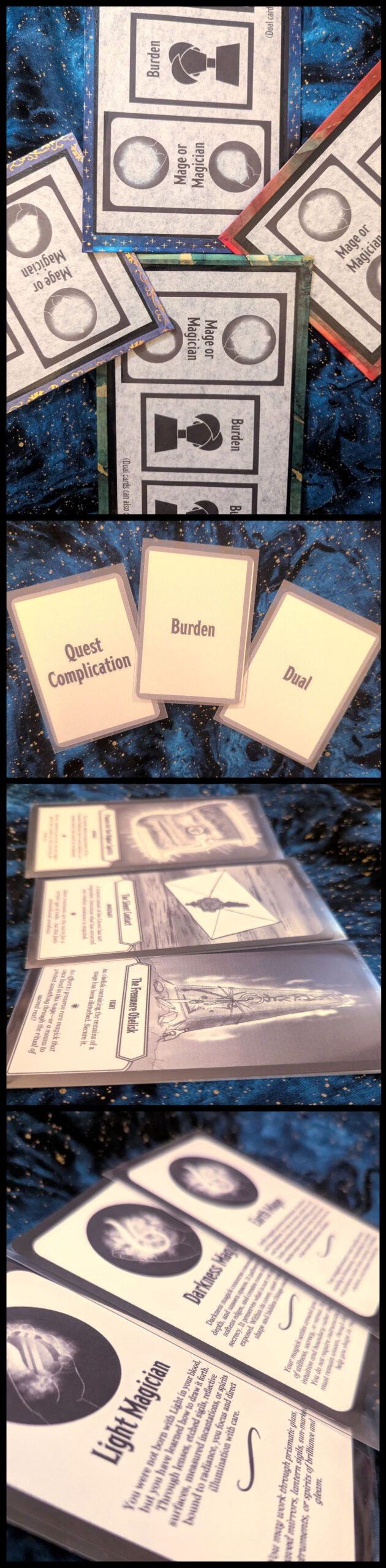 A series of four photos showing the player boards and cards for the Regent Clover tabletop game.