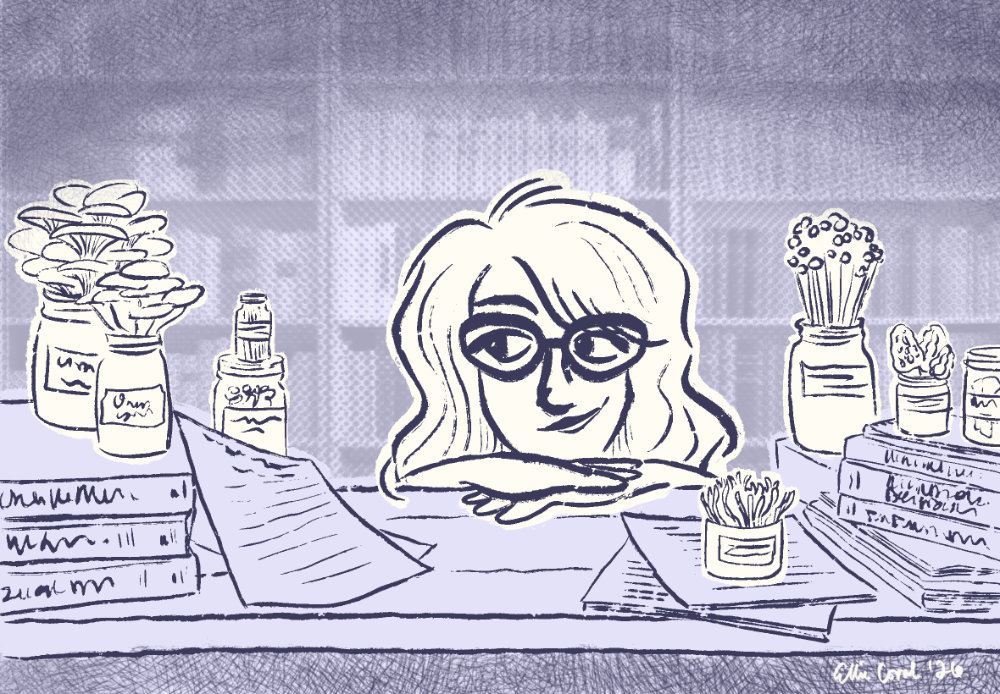 A sketchy cartoon of the site owner, Ellie, resting her chin on her hands, looking cheekily to her right; she is surrounded by books, papers, and mushrooms.
