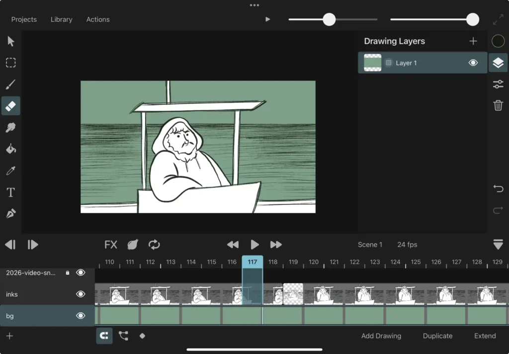 A Toonsquid work area featuring a still image of a large, hooded man piloting a boat on the ocean.