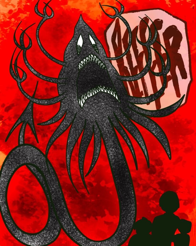 The creature has grown in size. It raises its six clawed limbs in the air. It shrieks into the air as Vinny and the boys cower in silhouette form.