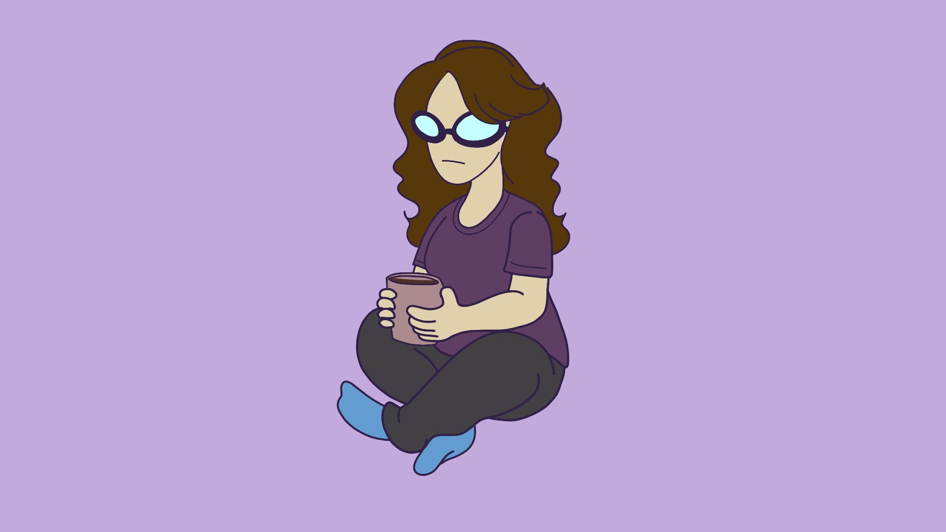 A stylized version of Ellie sits with a cup of coffee in the middle of a purple background.