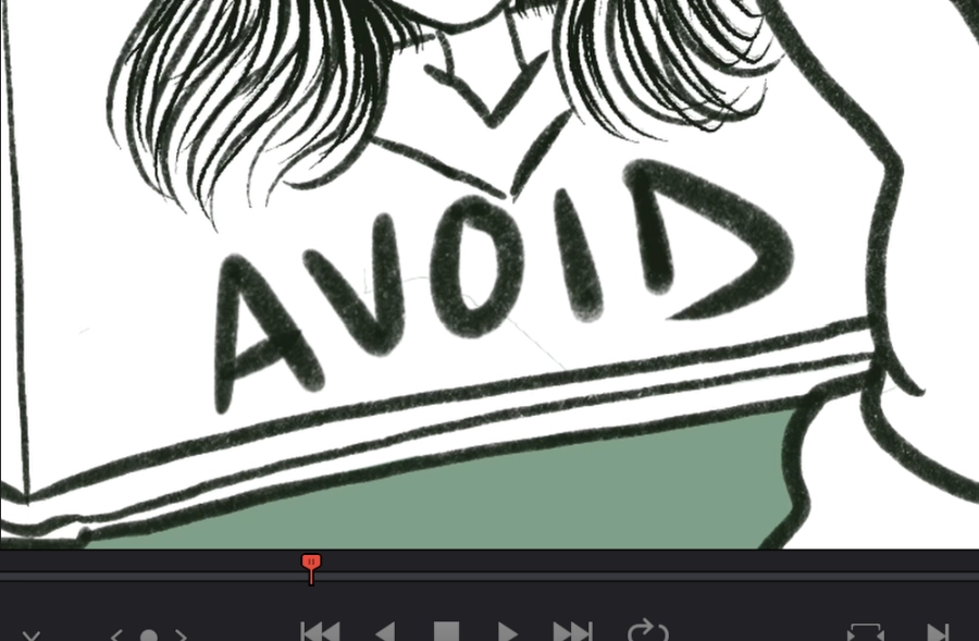 A closeup of a video preview in DaVinci Resolve. In the handwritten word AVOID there is an imperceptible hairline.