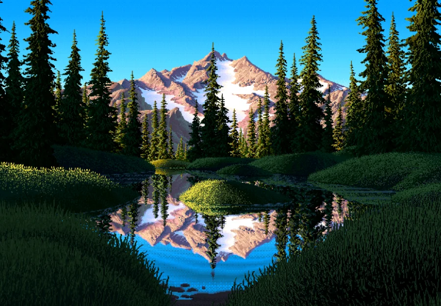 Digital art of a mountain overlooking a pine forest and clear lake.