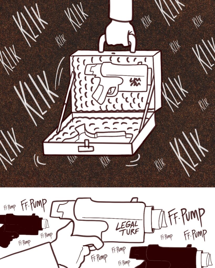 Page 5 - Panel 1 - One of the briefcases pops open, revealing a Nerf-type gun inside. A chorus of clicks echo surround the briefcase, indicating several more opening. -- Panel 2 - A closeup of the Nerf gun, called Legal Turf. Many of these are loaded with rolled up papers.