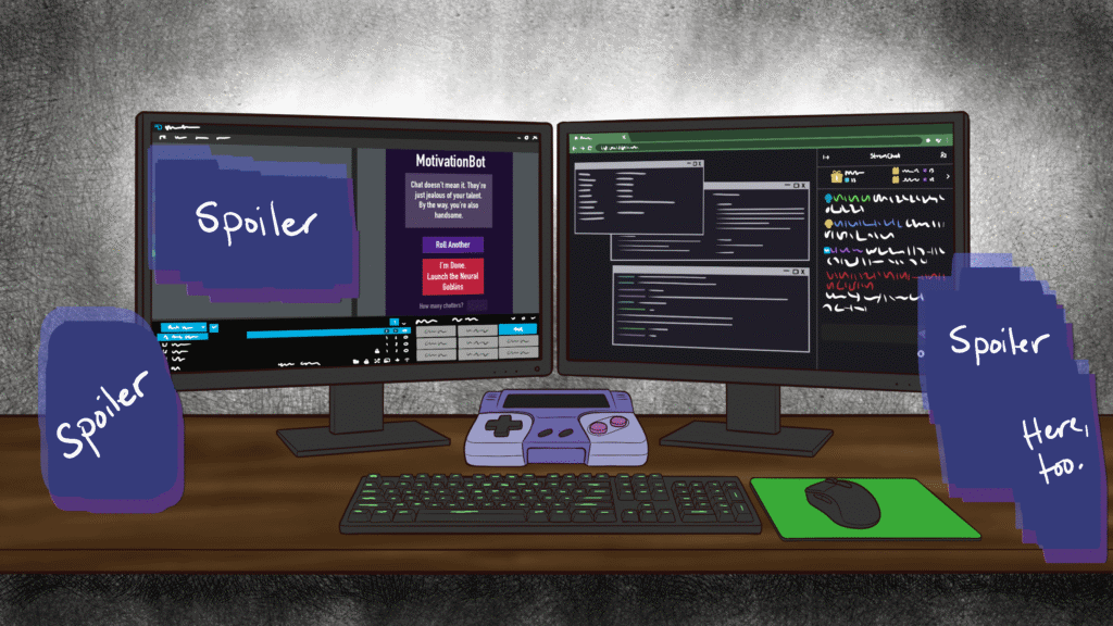 A scene of a desktop with two monitors, a keyboard and mouse, and a SNES-like console. There are spoiler boxes over a monitor, and a few other items on the desk.