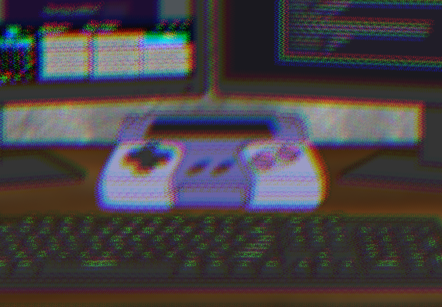 A closeup of a SNES-type console sitting between two monitors and a keyboard; the whole scene is aberrated and glitched.