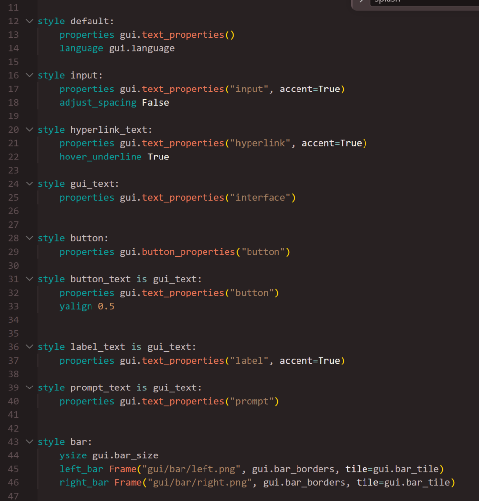 A screenshot of Ren'Py code in VS Code, portrayed in a dark chocolate theme.